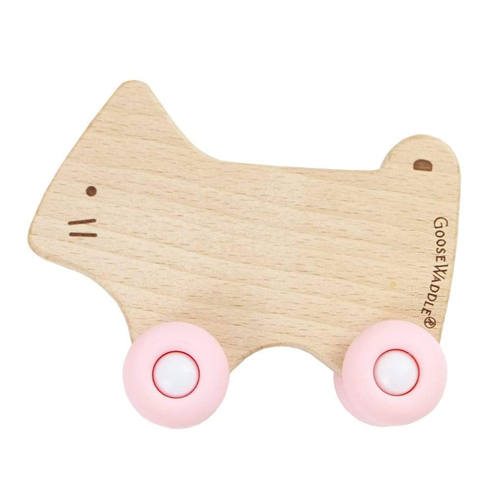 GooseWaddle Teether Silcone + Wood Teether with Wheels (kitty, pink)
