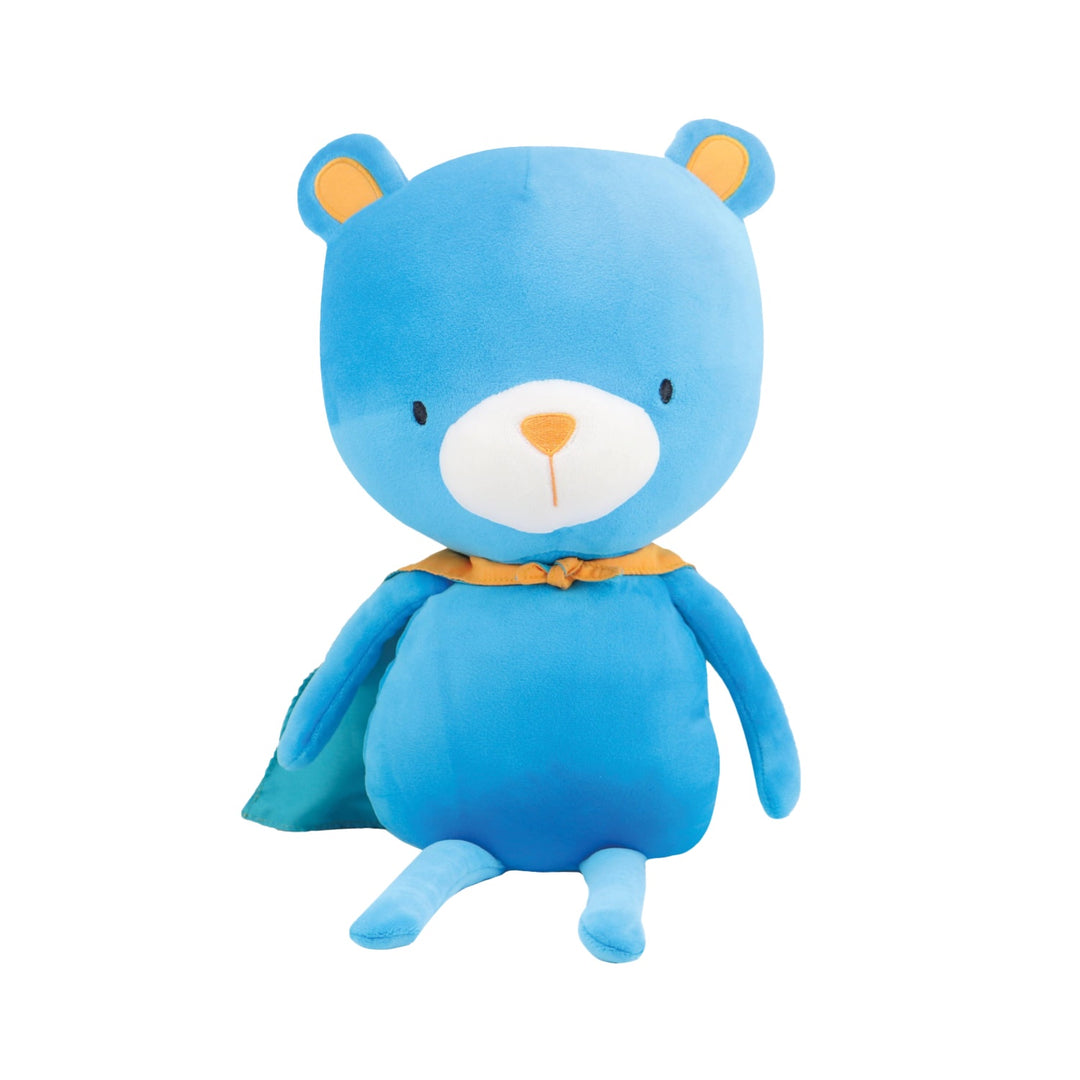 Blue teddy bear plush toy with a orange cape on a white background