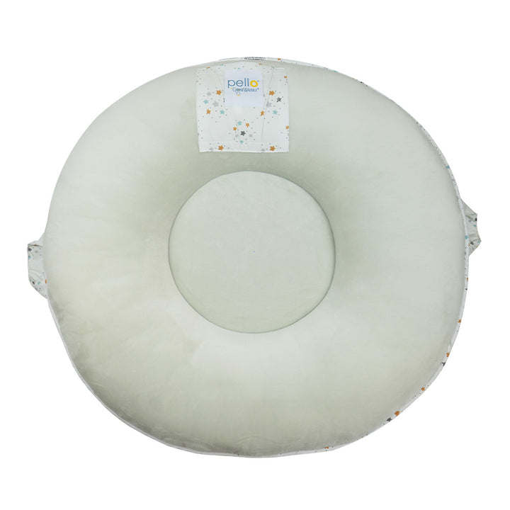 Back view of Lunar Pello showing a solid gray luxe backing with a peek a boo pocket and handles.