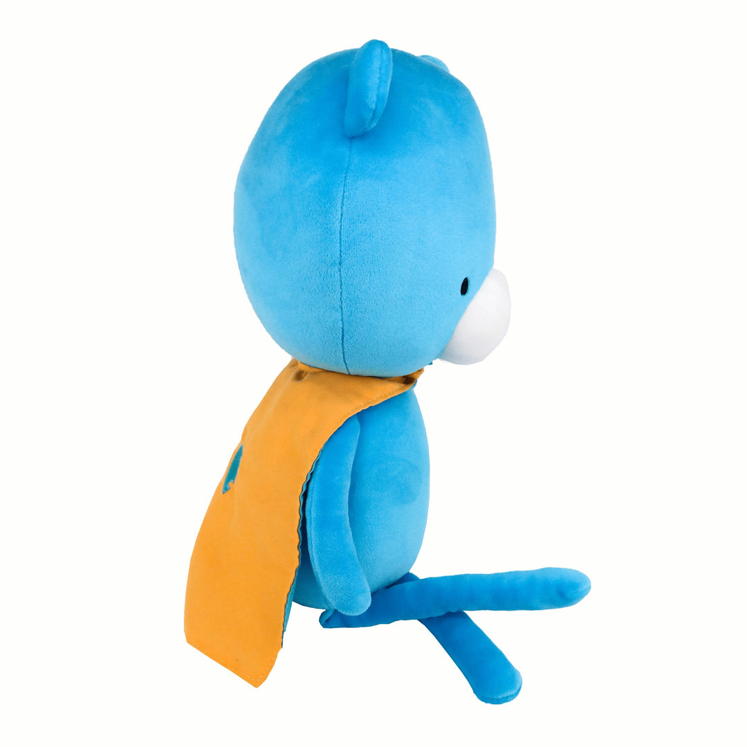 Blue plush toy with an orange cape on a white background
