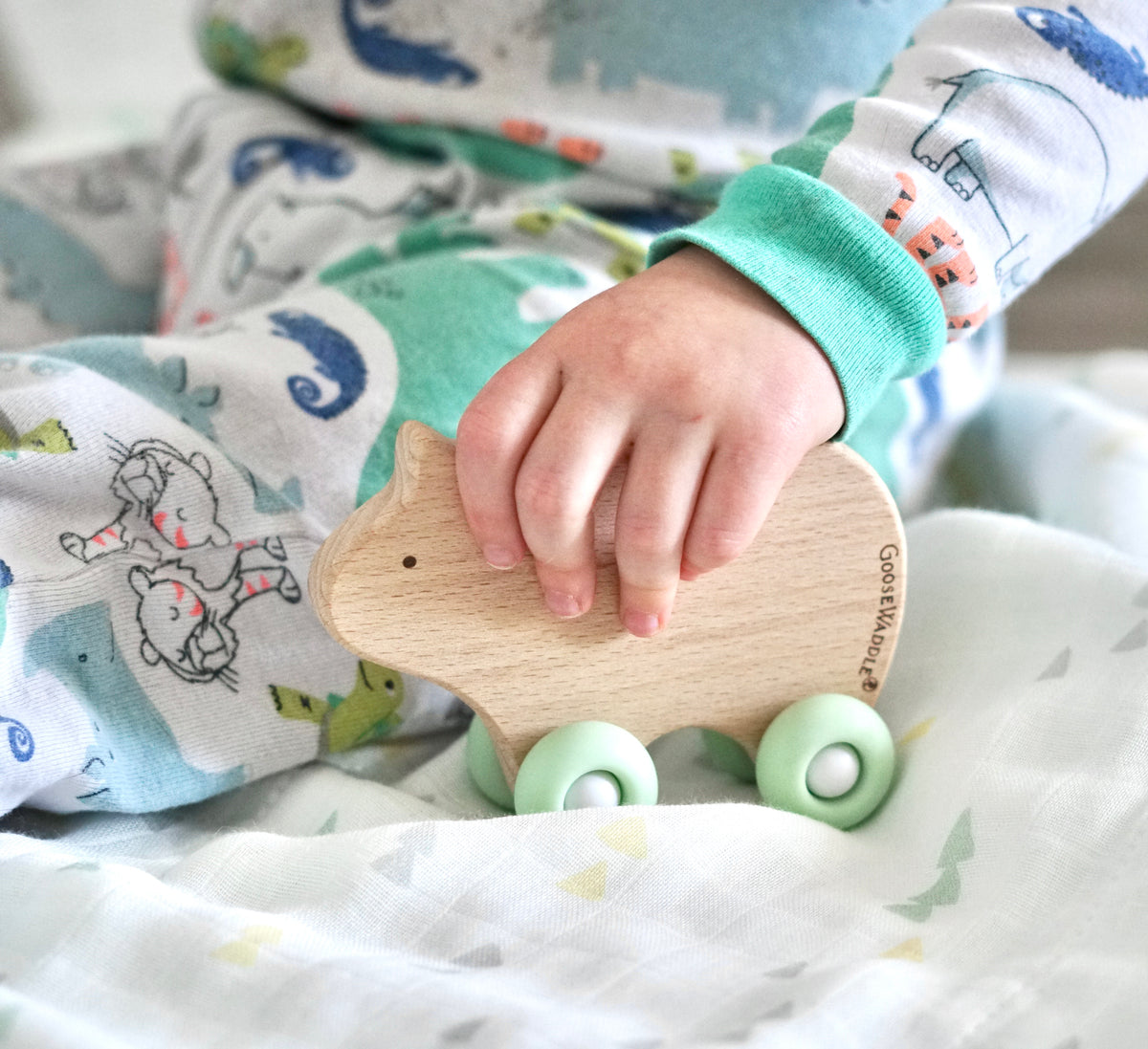 Mint Bear Silicone + Wood Teether with Wheels