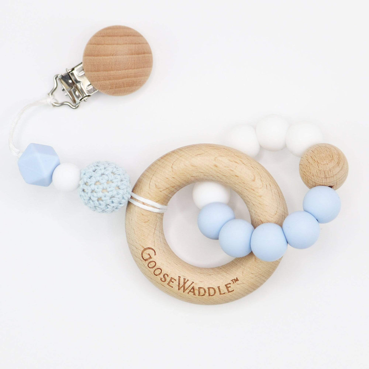 Blue Attachable Wooden and Silicone Teether and Striped Bib Gift Set ...