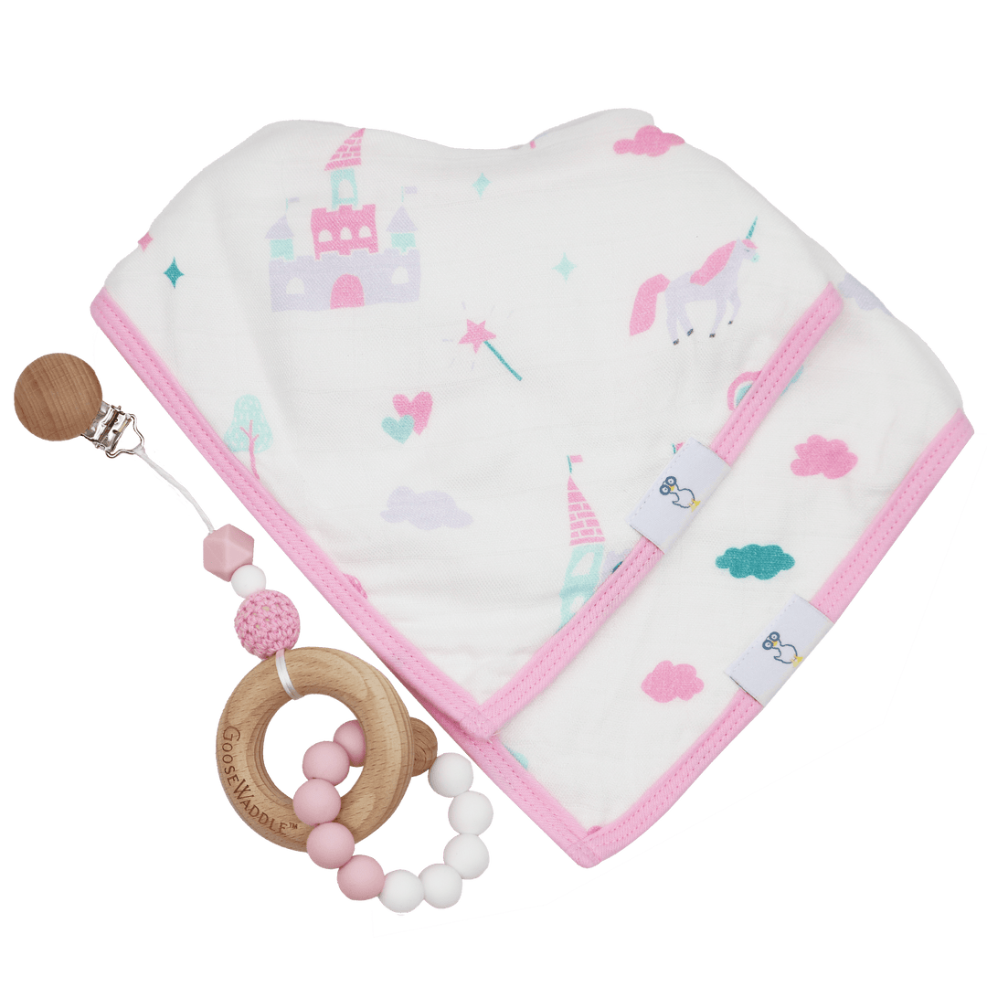 GooseWaddle Bib and Teether Set - Pink/Unicorns