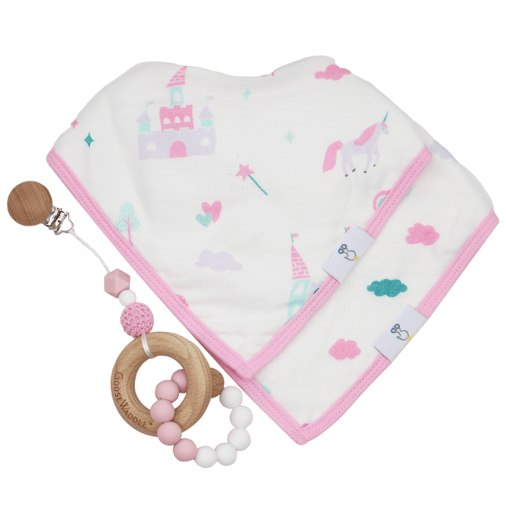 GooseWaddle Bib and Teether Set - Pink/Unicorns