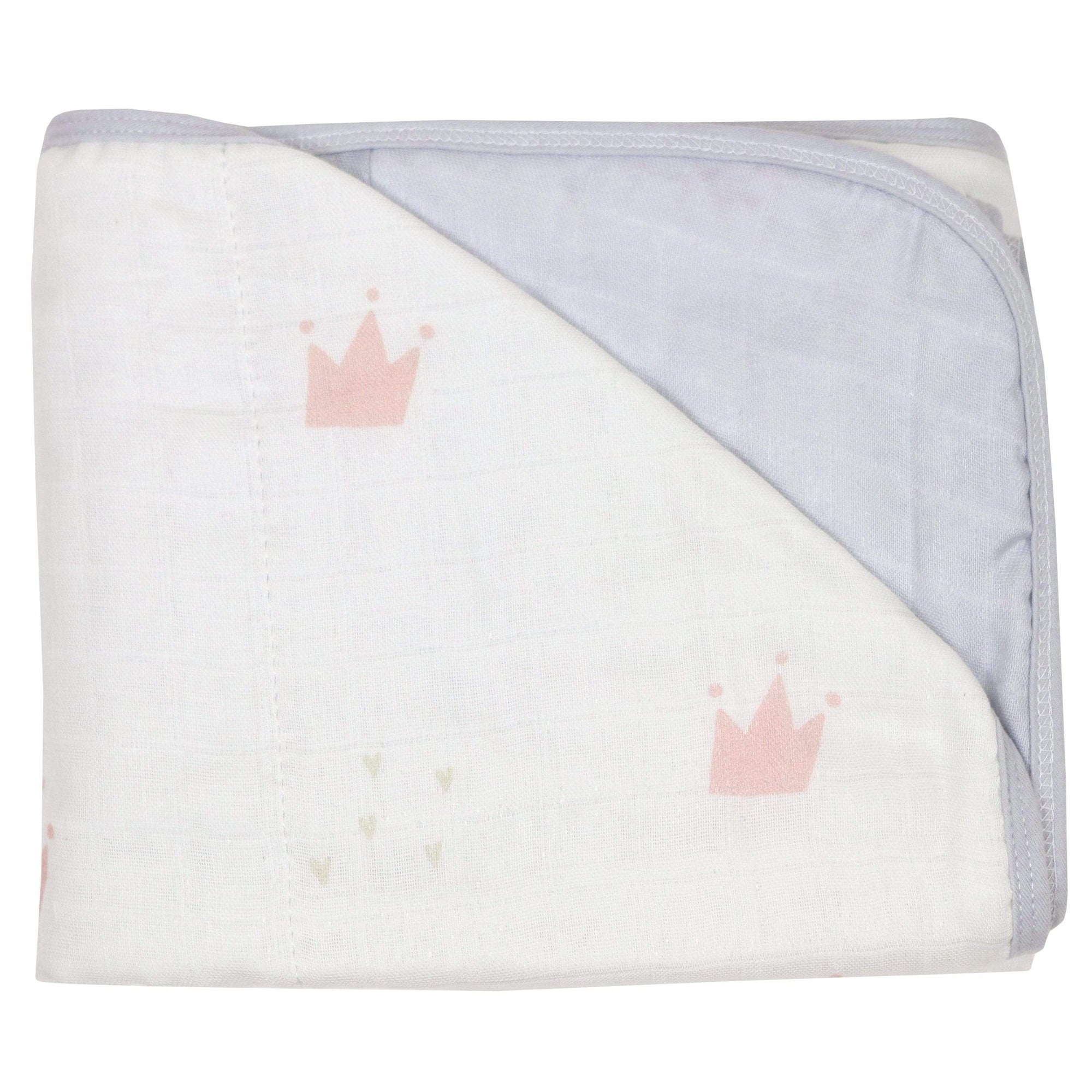 GooseWaddle Blanket Bamboo Muslin Quilted Blanket (Pink Crowns & Gray)