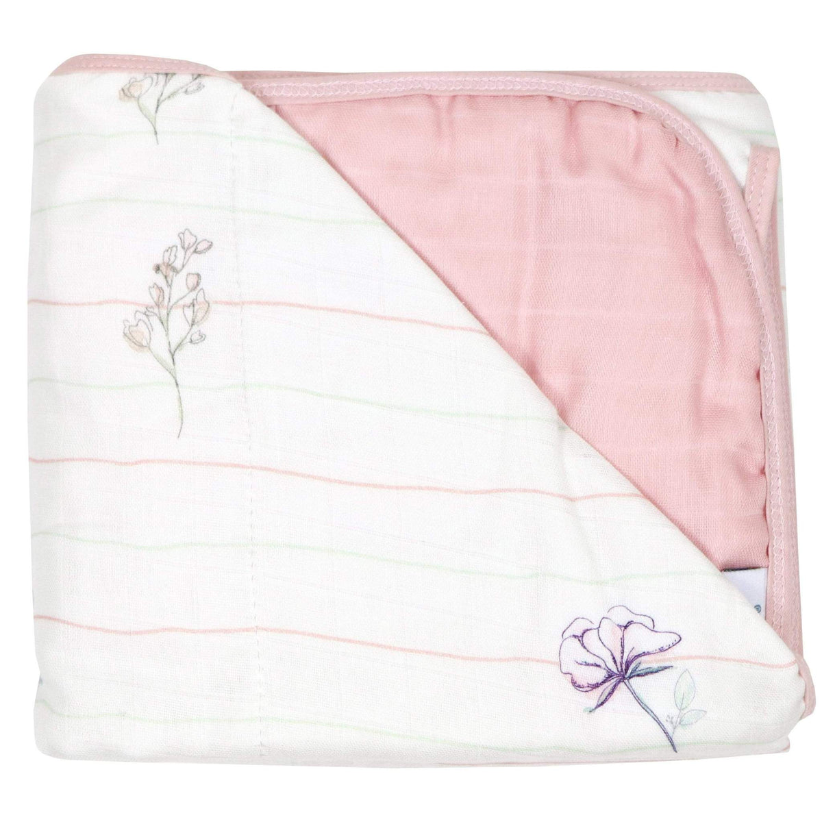 GooseWaddle Blanket Flowers &amp; Light Pink Bamboo Muslin Quilted Blanket (Brick &amp; Gray)