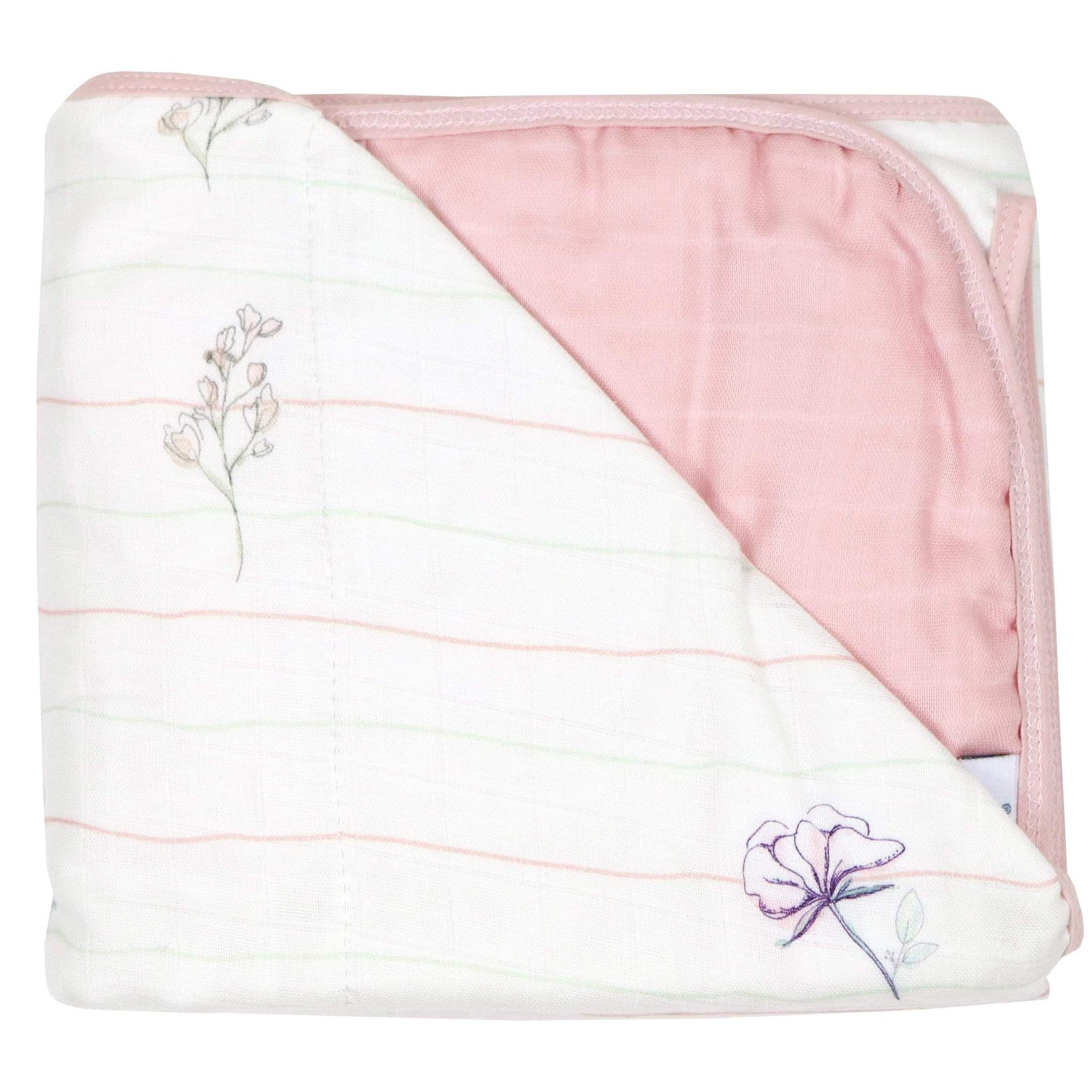 GooseWaddle Blanket Flowers & Light Pink Bamboo Muslin Quilted Blanket (Brick & Gray)