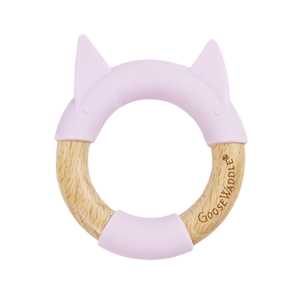 GooseWaddle Teether Lavender Kitten Silicone + Wood Teether