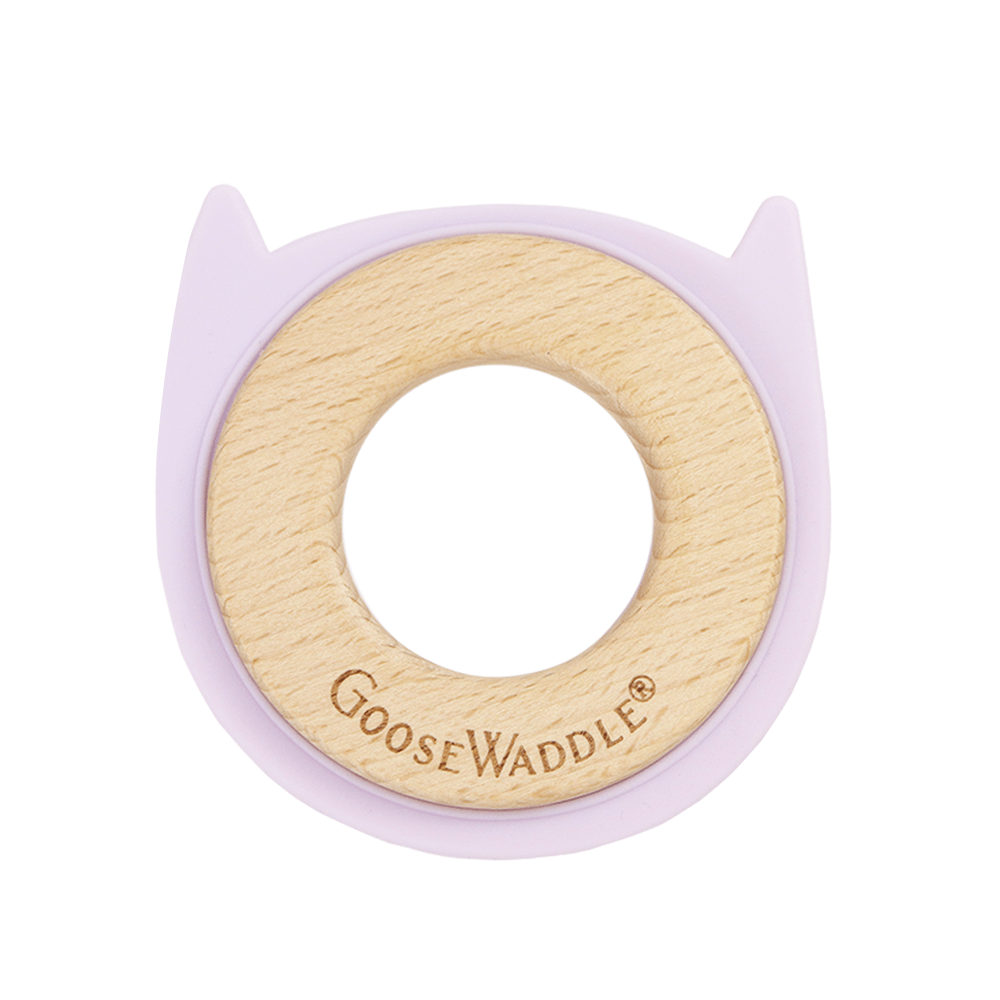 GooseWaddle Teether Lavender Kitten Silicone + Wood Teether