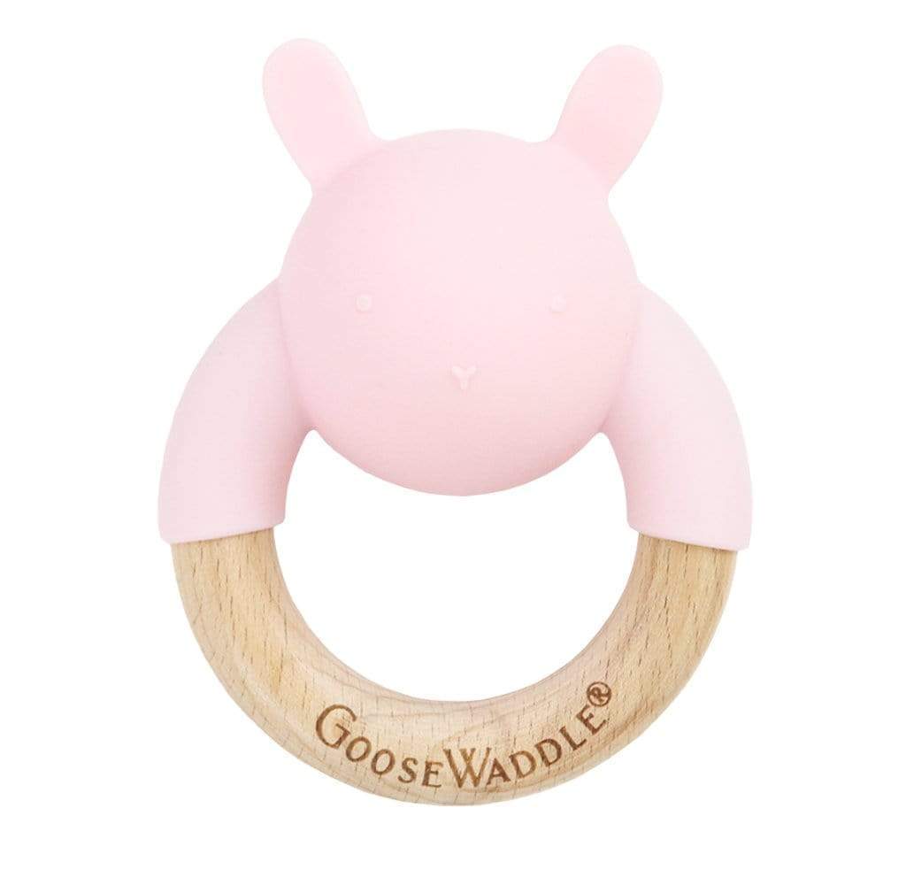 GooseWaddle Teether Pink Bunny Silicone & Wood Teething Rattle