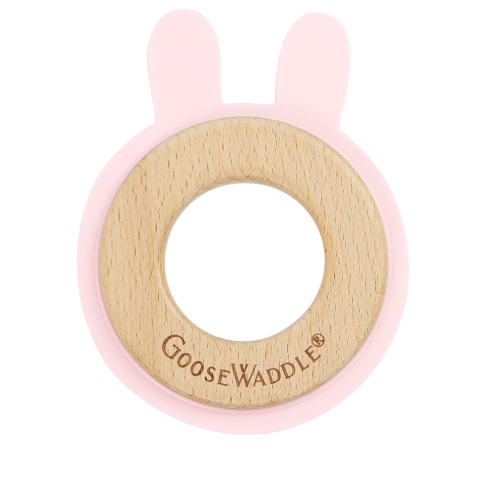 GooseWaddle Teether Pink Rabbit Silicone + Wood Teether