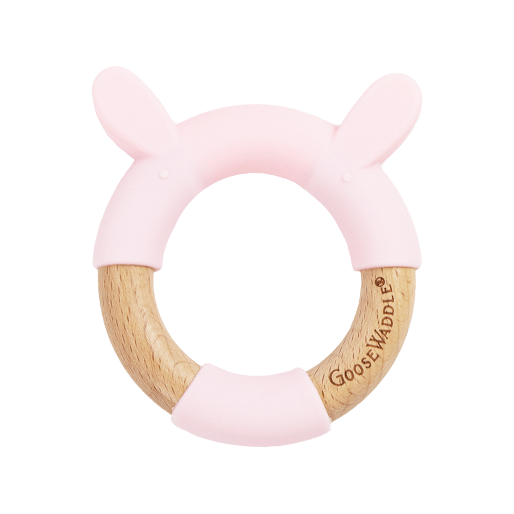 GooseWaddle Teether Pink Rabbit Silicone + Wood Teether