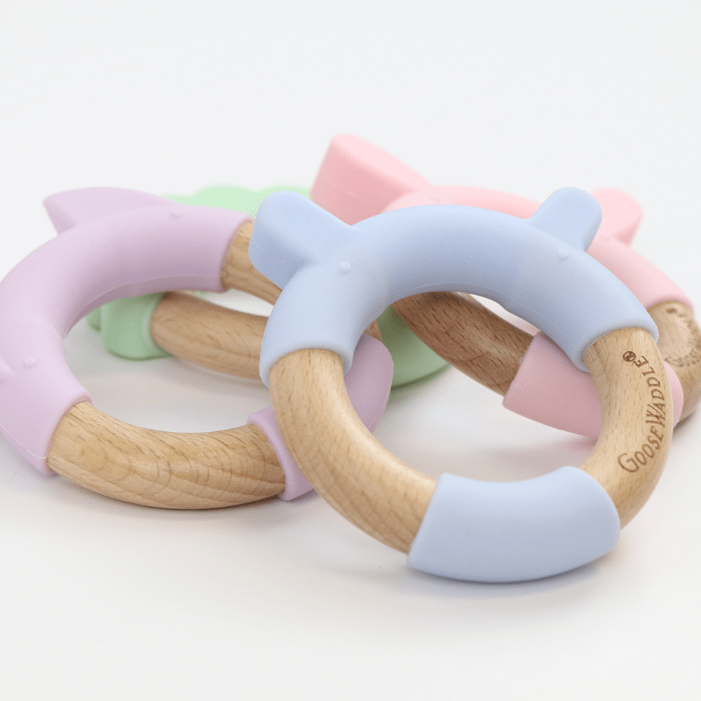 GooseWaddle Teether Pink Rabbit Silicone + Wood Teether