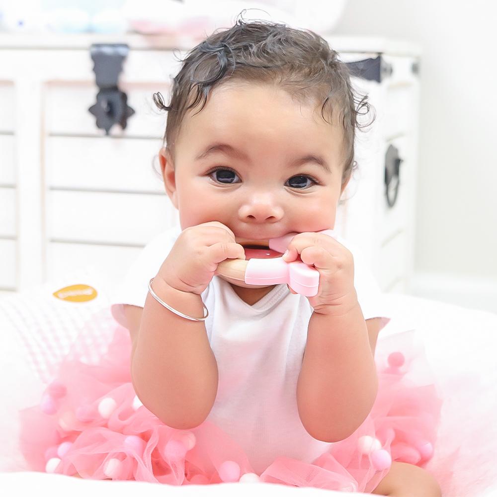 GooseWaddle Teether Pink Rabbit Silicone + Wood Teether