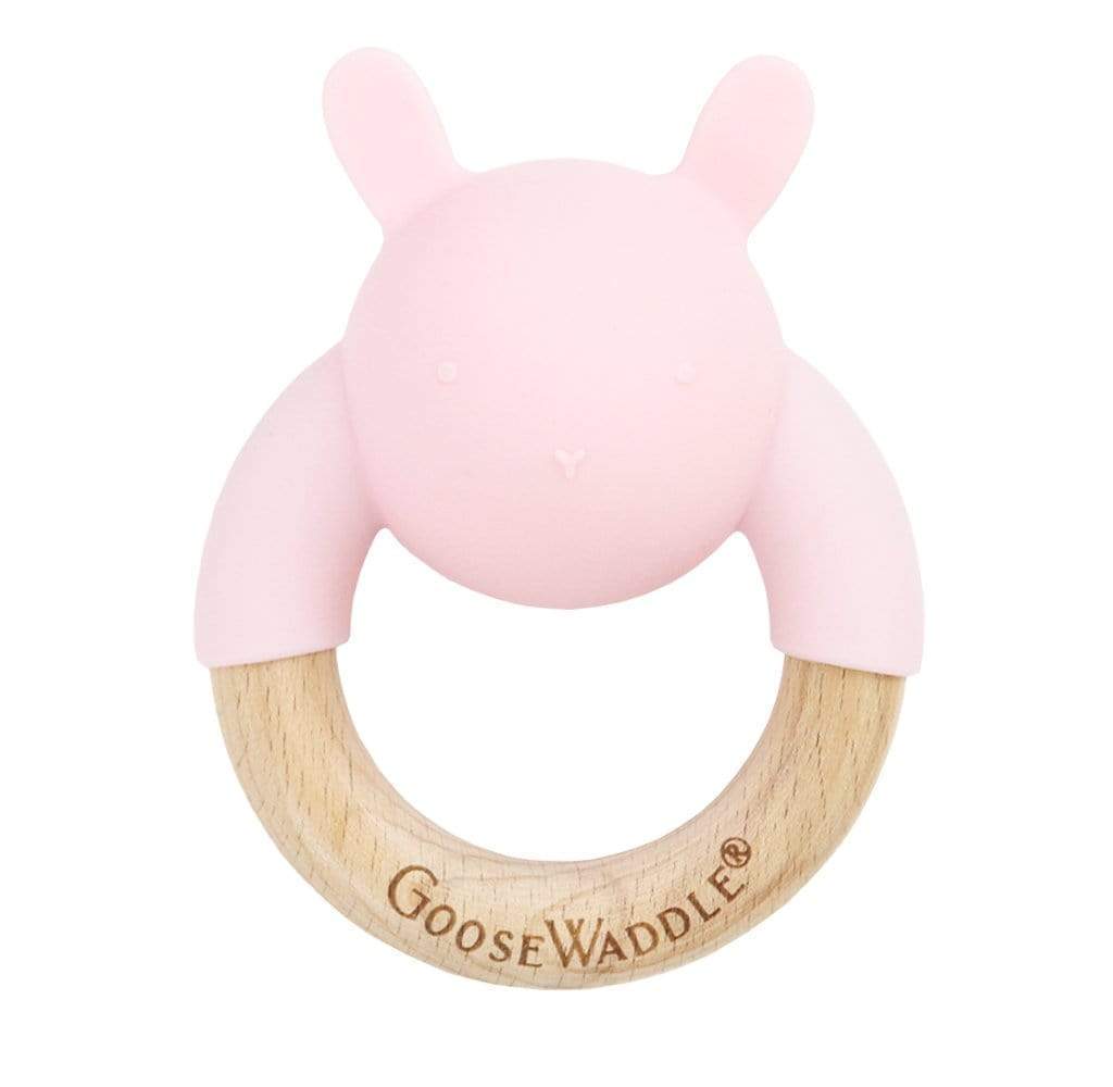 GooseWaddle Teether Pink Wooden + Silicone Teether with Rattle
