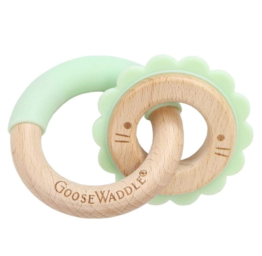 GooseWaddle Teether Silcone + Wood Double Teether (green, lion)