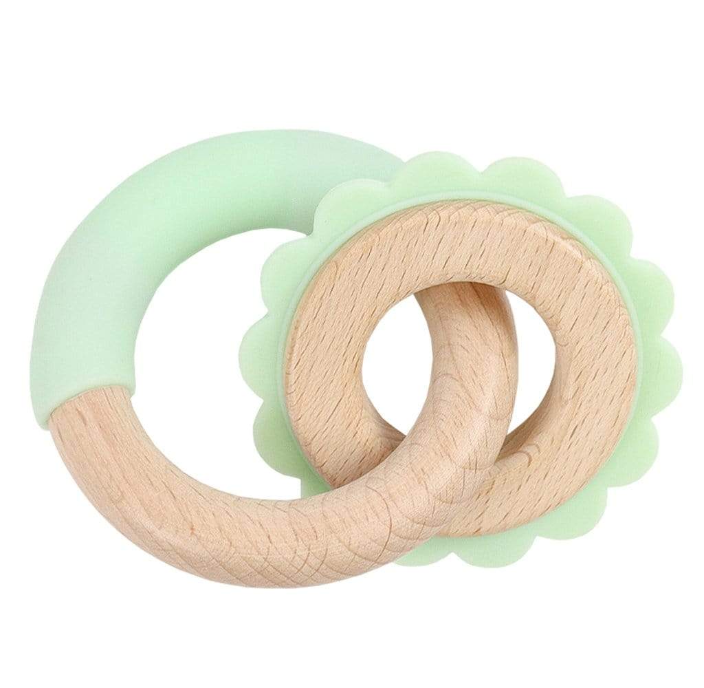 GooseWaddle Teether Silcone + Wood Double Teether (green, lion)