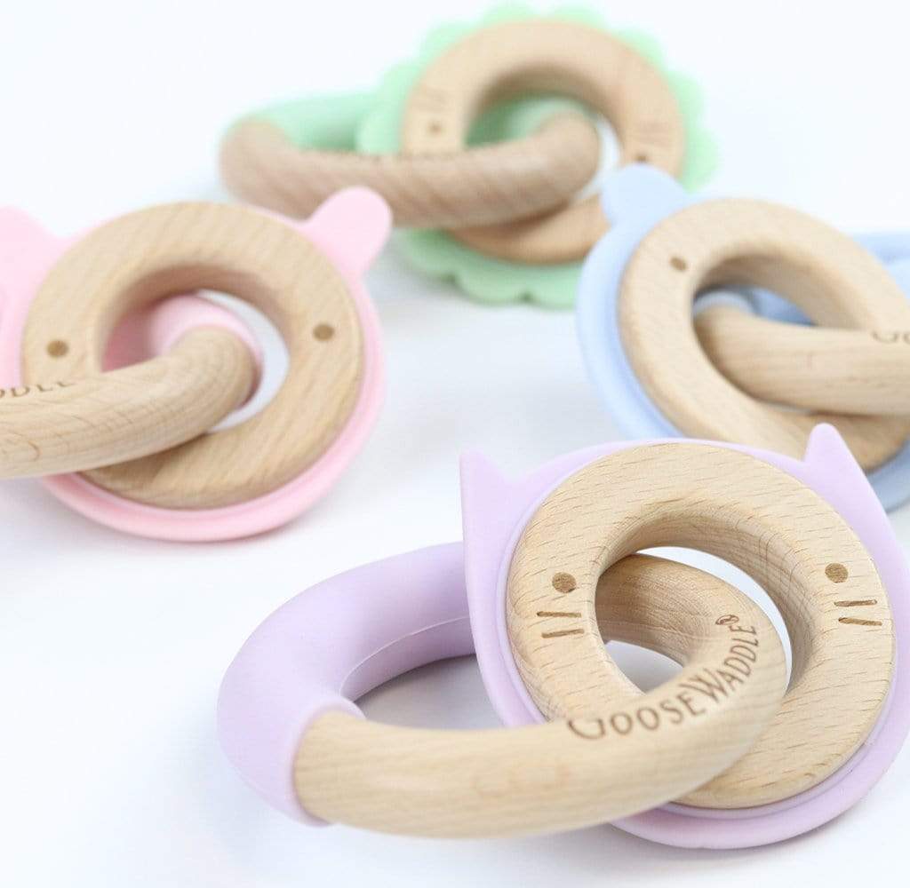 GooseWaddle Teether Silcone + Wood Double Teether (kitten, lavendar)