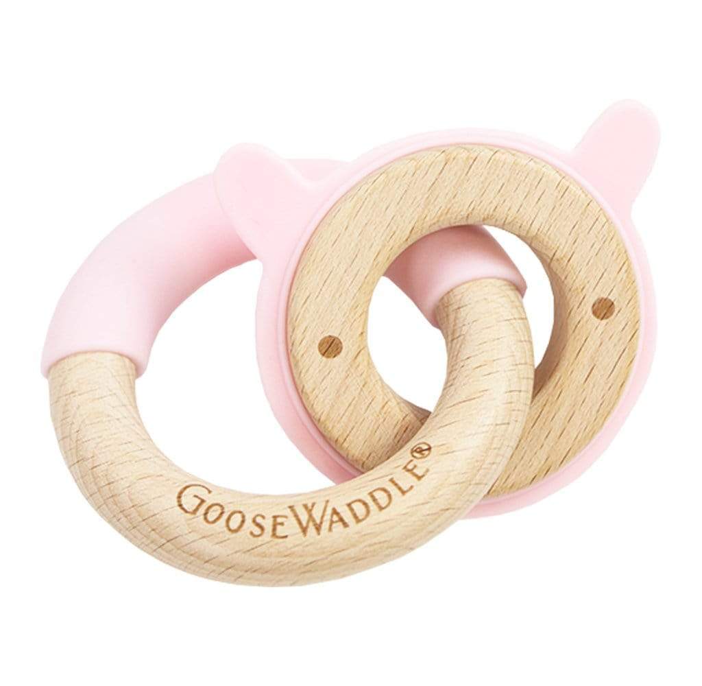 GooseWaddle Teether Silcone + Wood Double Teether (rabbit, pink)