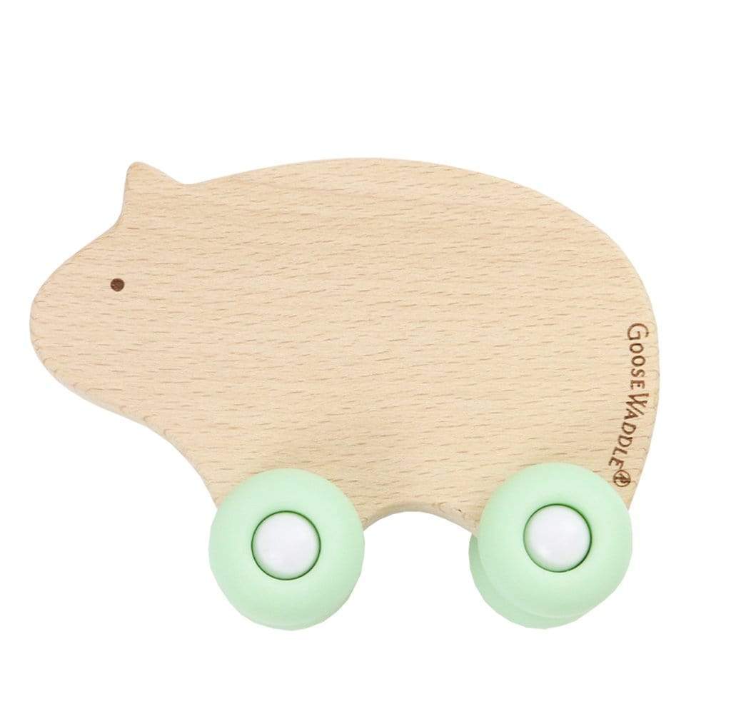 GooseWaddle Teether Silcone + Wood Teether with Wheels (bear, mint)