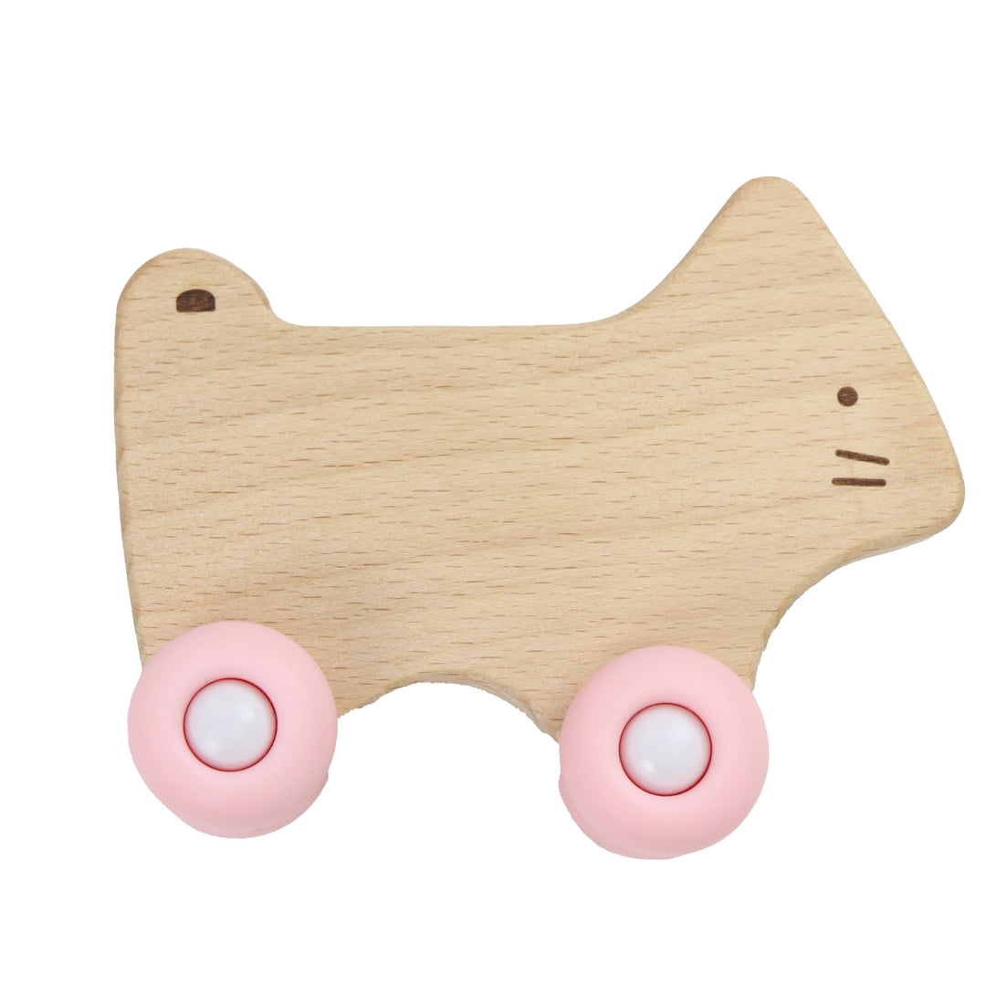 GooseWaddle Teether Silcone + Wood Teether with Wheels (kitty, pink)