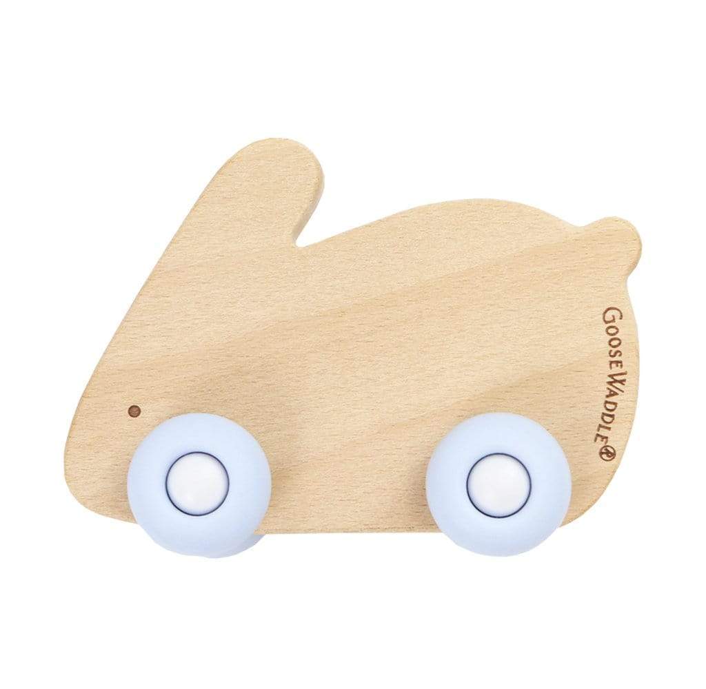 GooseWaddle Teether Silcone + Wood Teether with Wheels (rabbit, blue)
