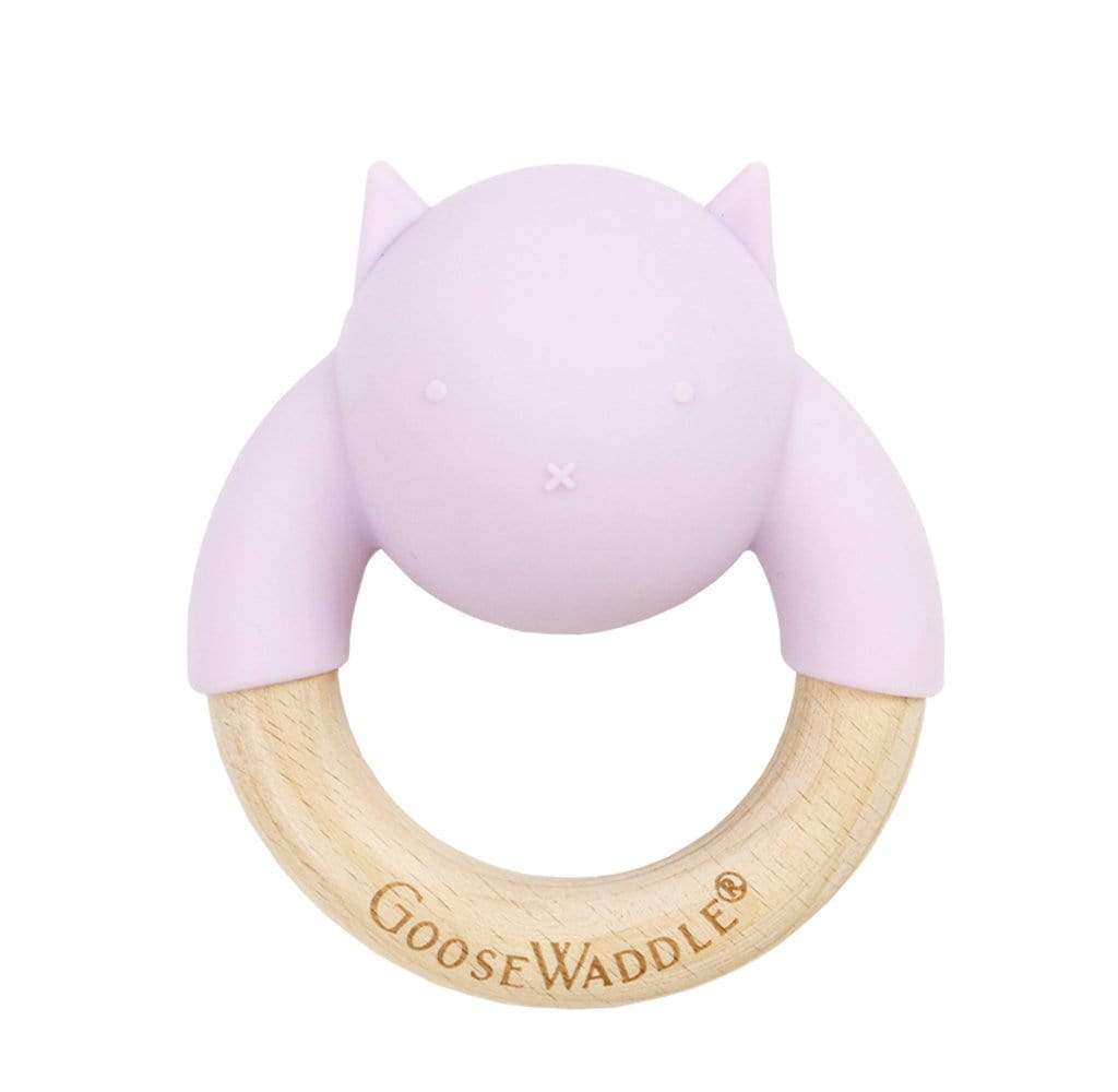 GooseWaddle Teether Lavender Kitty Silicone & Wood Teething Rattle