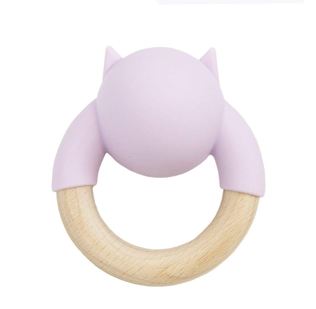 GooseWaddle Teether Lavender Kitty Silicone & Wood Teething Rattle