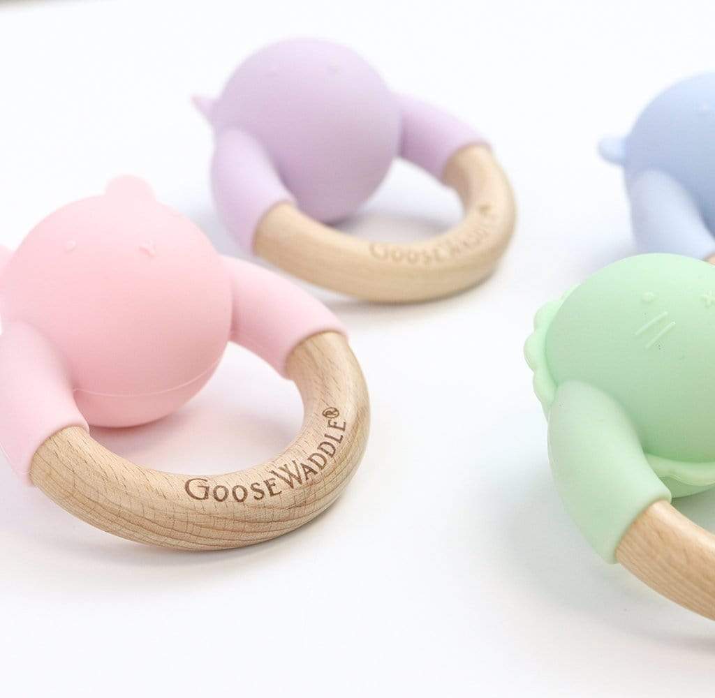 GooseWaddle Teether Lavender Kitty Silicone & Wood Teething Rattle